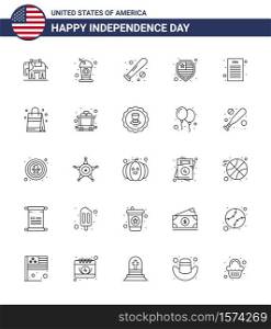 USA Happy Independence DayPictogram Set of 25 Simple Lines of democratic; declaration; baseball; shield; american Editable USA Day Vector Design Elements