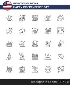 USA Happy Independence DayPictogram Set of 25 Simple Lines of st  pipe  badge  chips  food Editable USA Day Vector Design Elements