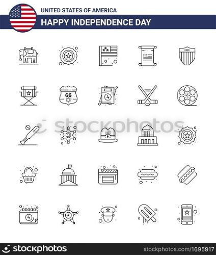 USA Happy Independence DayPictogram Set of 25 Simple Lines of usa; shield; flag; american; american Editable USA Day Vector Design Elements