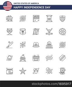 USA Happy Independence DayPictogram Set of 25 Simple Lines of usa  shield  flag  american  american Editable USA Day Vector Design Elements