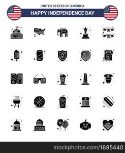 USA Happy Independence DayPictogram Set of 25 Simple Solid Glyph of decoration  american  usa  trophy  achievement Editable USA Day Vector Design Elements
