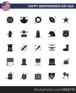 USA Happy Independence DayPictogram Set of 25 Simple Solid Glyph of usa  police  food  men  sports Editable USA Day Vector Design Elements