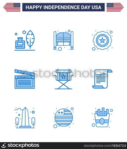USA Happy Independence DayPictogram Set of 9 Simple Blues of director  usa  entrance  video  american Editable USA Day Vector Design Elements