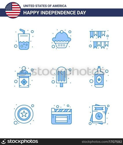 USA Happy Independence DayPictogram Set of 9 Simple Blues of food; sign; garland; stage; usa Editable USA Day Vector Design Elements