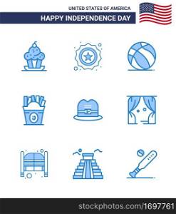 USA Happy Independence DayPictogram Set of 9 Simple Blues of hat  food  flag  fastfood  usa Editable USA Day Vector Design Elements