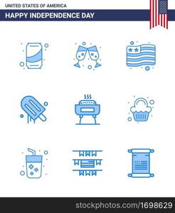 USA Happy Independence DayPictogram Set of 9 Simple Blues of holiday  celebration  flag  barbeque  american Editable USA Day Vector Design Elements