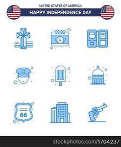 USA Happy Independence DayPictogram Set of 9 Simple Blues of indiana  food  shield  cream  officer Editable USA Day Vector Design Elements