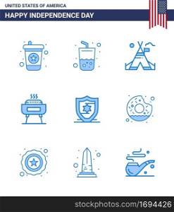 USA Happy Independence DayPictogram Set of 9 Simple Blues of shield  american  tent  holiday  celebration Editable USA Day Vector Design Elements