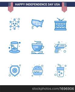 USA Happy Independence DayPictogram Set of 9 Simple Blues of tea  presidents  drum  hat  st Editable USA Day Vector Design Elements