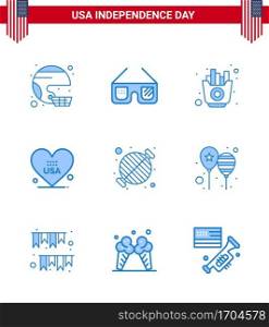 USA Happy Independence DayPictogram Set of 9 Simple Blues of usa; love; imerican; heart; fries Editable USA Day Vector Design Elements
