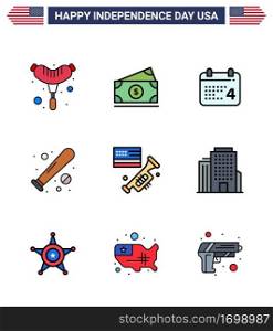USA Happy Independence DayPictogram Set of 9 Simple Flat Filled Lines of speaker  usa  day  sports  baseball Editable USA Day Vector Design Elements