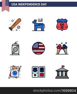USA Happy Independence DayPictogram Set of 9 Simple Flat Filled Lines of american  drink  symbol  cola  security Editable USA Day Vector Design Elements