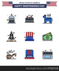 USA Happy Independence DayPictogram Set of 9 Simple Flat Filled Lines of american; transport; donkey; spaceship; launcher Editable USA Day Vector Design Elements