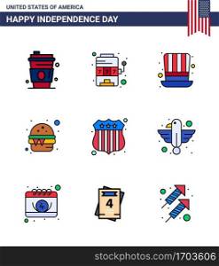 USA Happy Independence DayPictogram Set of 9 Simple Flat Filled Lines of investigating; meal; day; food; burger Editable USA Day Vector Design Elements