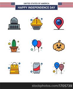 USA Happy Independence DayPictogram Set of 9 Simple Flat Filled Lines of celebrate  pot  american  plant  cactus Editable USA Day Vector Design Elements