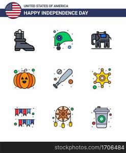 USA Happy Independence DayPictogram Set of 9 Simple Flat Filled Lines of police  hardball  american  bat  festival Editable USA Day Vector Design Elements