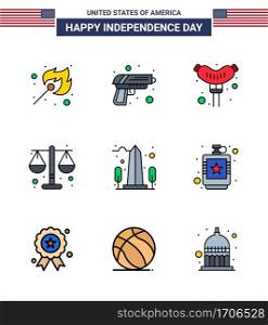 USA Happy Independence DayPictogram Set of 9 Simple Flat Filled Lines of sight  landmark  food  scale  justice Editable USA Day Vector Design Elements