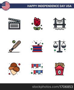USA Happy Independence DayPictogram Set of 9 Simple Flat Filled Lines of day  sports  bridge  bat  ball Editable USA Day Vector Design Elements