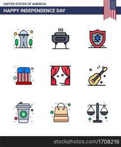 USA Happy Independence DayPictogram Set of 9 Simple Flat Filled Lines of theatre  entertainment  american  hat  entertainment Editable USA Day Vector Design Elements
