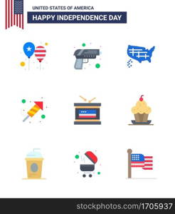 USA Happy Independence DayPictogram Set of 9 Simple Flats of drum  festival  weapon  religion  usa Editable USA Day Vector Design Elements
