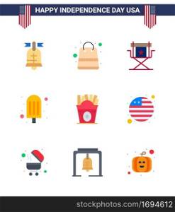 USA Happy Independence DayPictogram Set of 9 Simple Flats of fastfood  ice cream  chair  food  television Editable USA Day Vector Design Elements