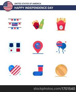 USA Happy Independence DayPictogram Set of 9 Simple Flats of sign; location; food; american; american Editable USA Day Vector Design Elements