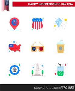 USA Happy Independence DayPictogram Set of 9 Simple Flats of usa  glasses  summer  sunglasses  united Editable USA Day Vector Design Elements