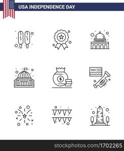 USA Happy Independence DayPictogram Set of 9 Simple Lines of bag  white  madison  landmark  building Editable USA Day Vector Design Elements