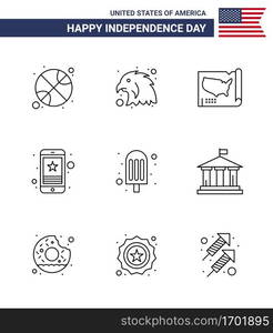 USA Happy Independence DayPictogram Set of 9 Simple Lines of food; phone; states; mobile; star Editable USA Day Vector Design Elements