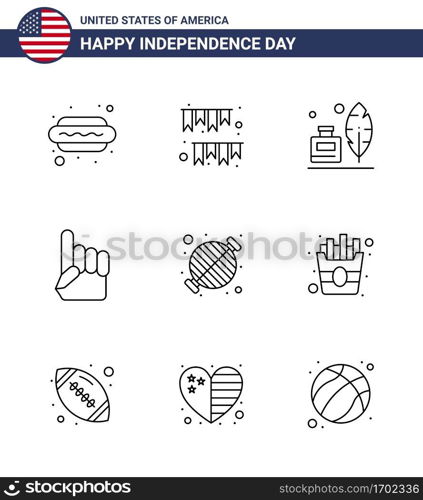 USA Happy Independence DayPictogram Set of 9 Simple Lines of food; usa; party; hand; american Editable USA Day Vector Design Elements