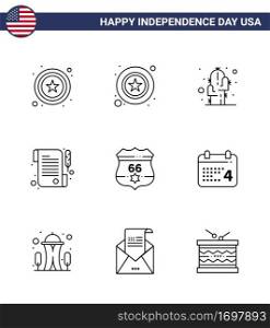 USA Happy Independence DayPictogram Set of 9 Simple Lines of security  shield  flower  american  receipt Editable USA Day Vector Design Elements