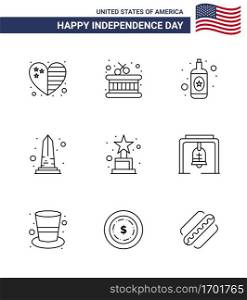 USA Happy Independence DayPictogram Set of 9 Simple Lines of trophy  achievement  bottle  washington  sight Editable USA Day Vector Design Elements