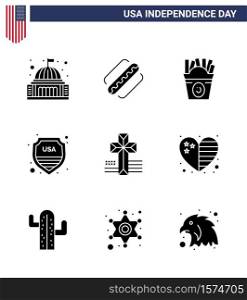 USA Happy Independence DayPictogram Set of 9 Simple Solid Glyphs of american; sign; states; shield; usa Editable USA Day Vector Design Elements