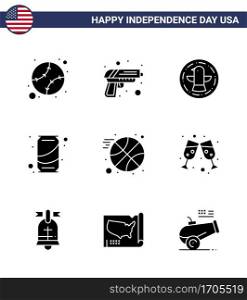 USA Happy Independence DayPictogram Set of 9 Simple Solid Glyphs of ball  cola  american  soda  beer Editable USA Day Vector Design Elements