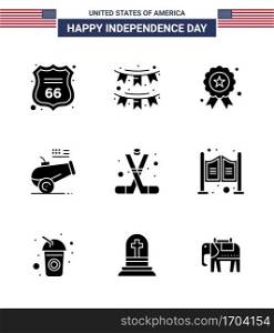 USA Happy Independence DayPictogram Set of 9 Simple Solid Glyphs of hockey  howitzer  garland  cannon  medal Editable USA Day Vector Design Elements