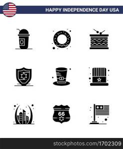 USA Happy Independence DayPictogram Set of 9 Simple Solid Glyphs of presidents  day  instrument  shield  american Editable USA Day Vector Design Elements