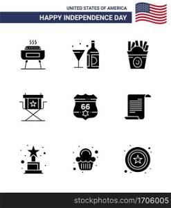 USA Happy Independence DayPictogram Set of 9 Simple Solid Glyphs of television; movies; glass; director; usa Editable USA Day Vector Design Elements