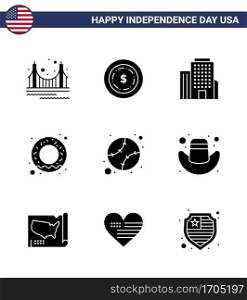 USA Happy Independence DayPictogram Set of 9 Simple Solid Glyphs of united  baseball  building  american  food Editable USA Day Vector Design Elements