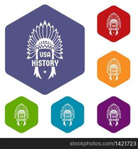 USA history icons vector colorful hexahedron set collection isolated on white . USA history icons vector hexahedron
