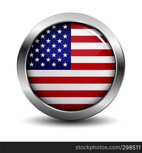 USA icon silver glossy badge button with United States of America flag and shadow vector EPS 10 illustration on white background.