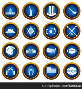 USA icons blue circle set isolated on white for digital marketing. USA icons blue circle set