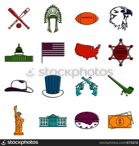 USA icons set. Doodle illustration of vector icons isolated on white background for any web design. USA icons doodle set