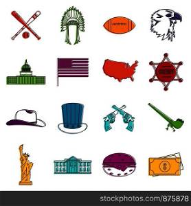 USA icons set. Doodle illustration of vector icons isolated on white background for any web design. USA icons doodle set
