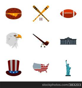 USA icons set. Flat illustration of 9 USA vector icons for web. USA icons set, flat style