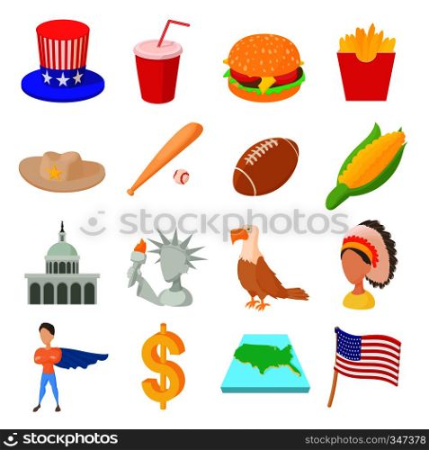 Usa icons set in cartoon style isolated on white background. Usa icons set, cartoon style