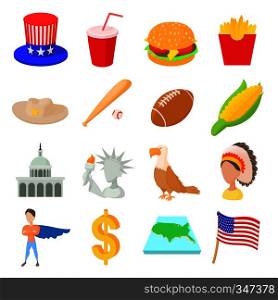 Usa icons set in cartoon style isolated on white background. Usa icons set, cartoon style