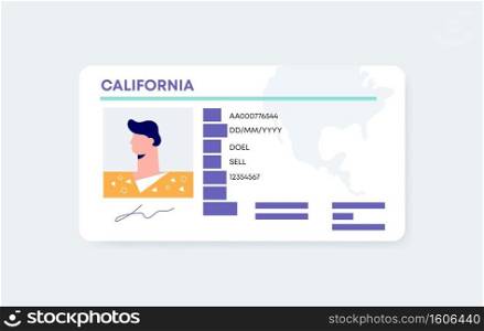 USA ID card template. American identification card with secure pass personal information of character with photo and signature plastic data professional vector badge as working ID of identity.. USA ID card template. American identification card with secure pass personal information of character with photo.