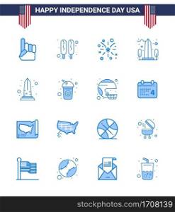 USA Independence Day Blue Set of 16 USA Pictograms of cola; washington; fire; usa; monument Editable USA Day Vector Design Elements