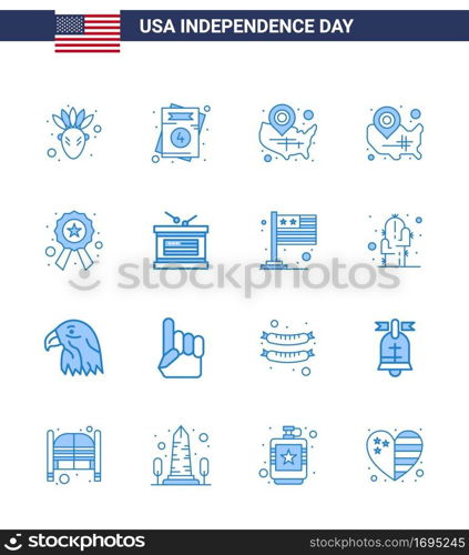 USA Independence Day Blue Set of 16 USA Pictograms of holiday; sign; states; star; badge Editable USA Day Vector Design Elements