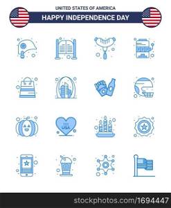 USA Independence Day Blue Set of 16 USA Pictograms of money  game  entrance  slot  casino Editable USA Day Vector Design Elements